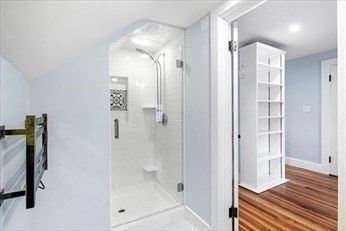 Bathroom, Glass Shower, Interior, Recessed Lighting, Wood Texture Flooring