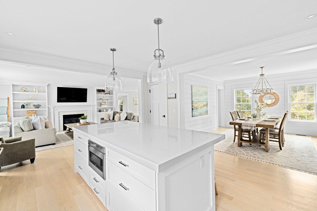 Dining room, Fireplace, Interior, Kitchen, Living room, Pendant Lights, Recessed Lighting, Wood Texture Flooring