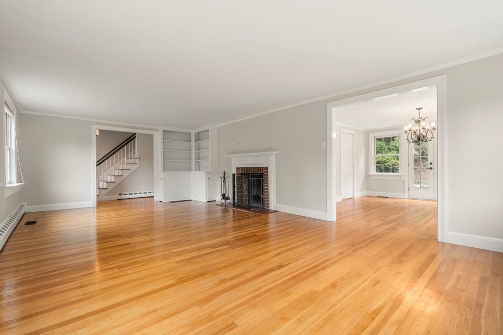 Chandelier, Empty room, Fireplace, Interior, Wood Texture Flooring