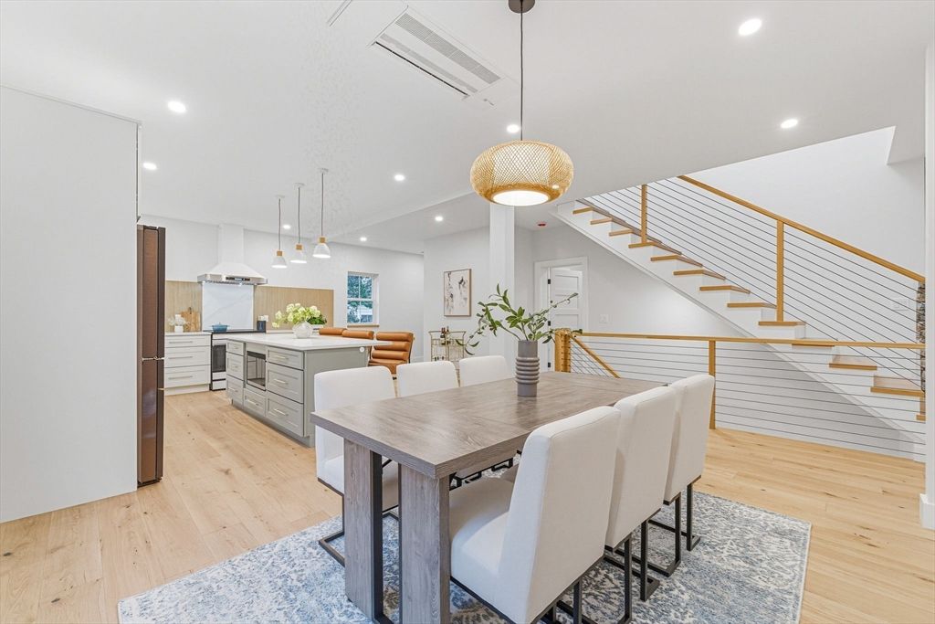 Dining room, Interior, Kitchen, Pendant Lights, Recessed Lighting, Wood Texture Flooring