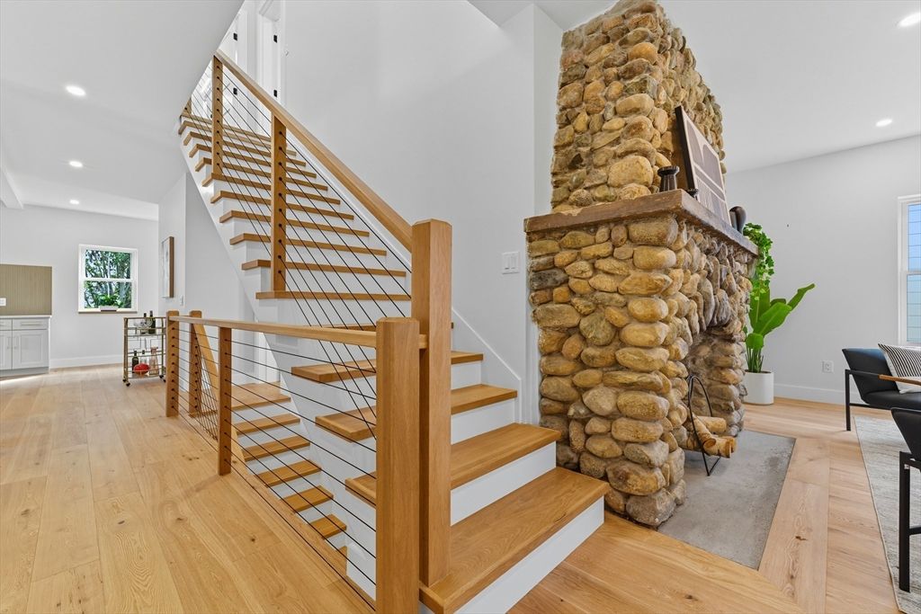 Fireplace, Interior, Recessed Lighting, Stone Walls, Wood Texture Flooring