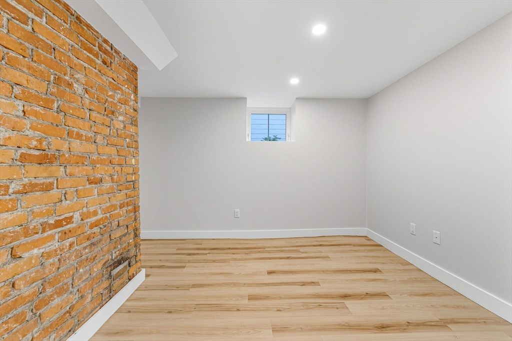 Empty room, Interior, Recessed Lighting, Stone Walls, Wood Texture Flooring