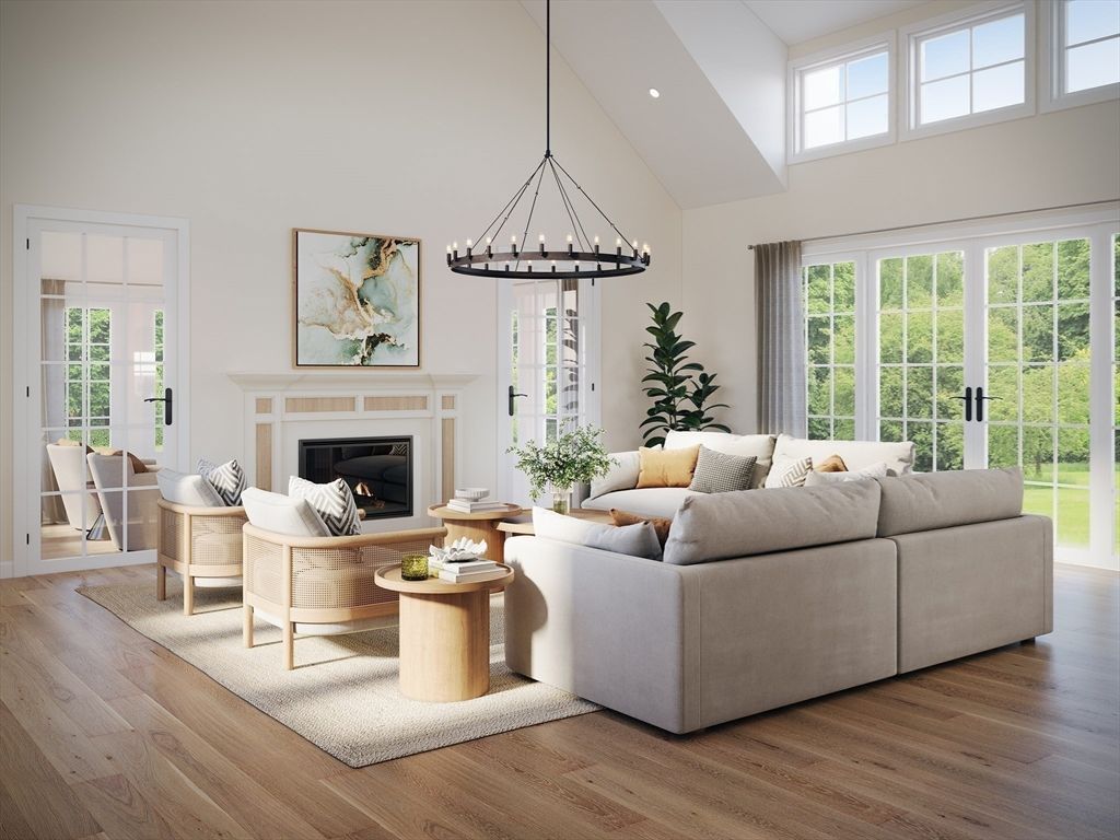 Chandelier, Fireplace, Interior, Living room, Recessed Lighting, Wood Texture Flooring