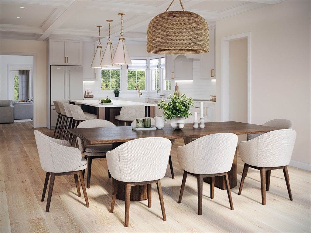 Dining room, Interior, Pendant Lights, Recessed Lighting, Wood Texture Flooring