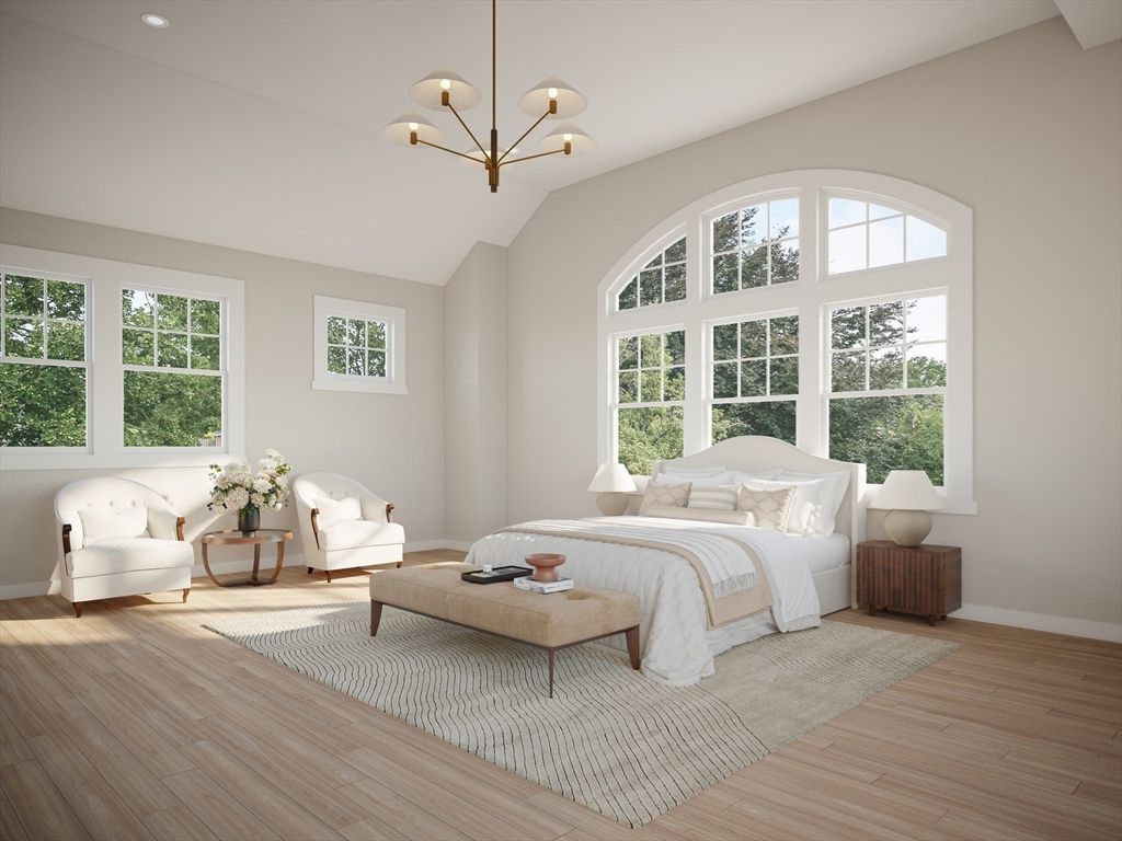 Bedroom, Interior, Pendant Lights, Recessed Lighting, Wood Texture Flooring