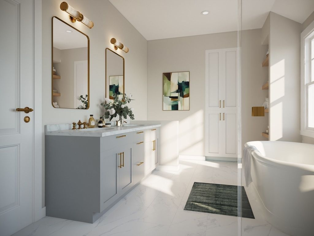 Bathroom, Dual Sink Vanities, Free Standing Baths, Interior, Marble, Recessed Lighting