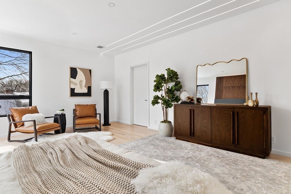 Bedroom, Interior, Recessed Lighting, Wood Texture Flooring