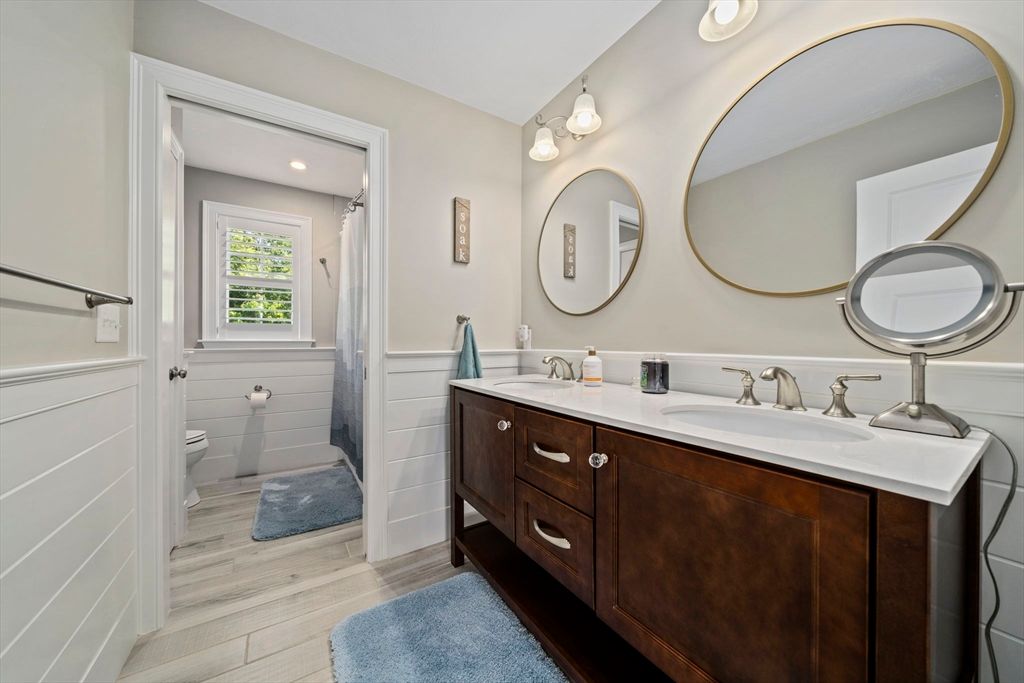 Bathroom, Dual Sink Vanities, Interior, Recessed Lighting, Wood Texture Flooring