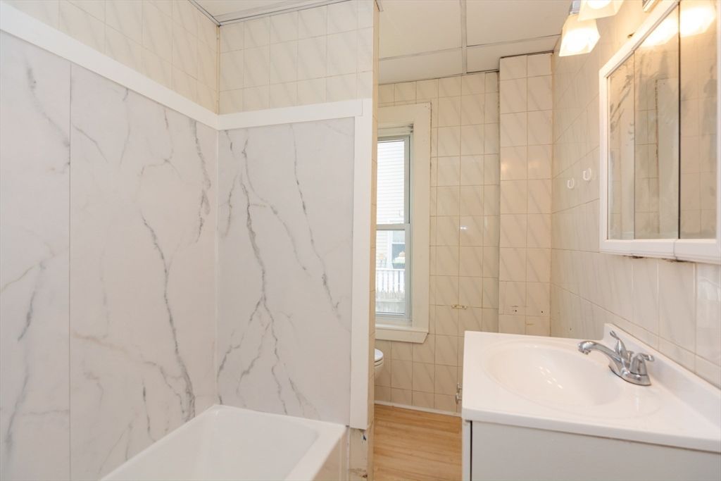 Bathroom, Interior, Marble Walls, Wood Texture Flooring