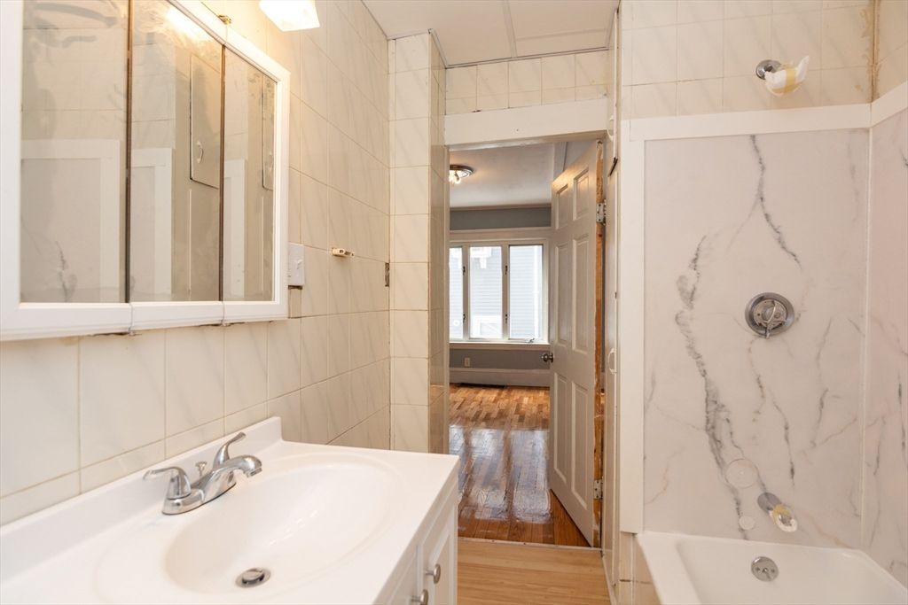 Bathroom, Interior, Marble Walls, Wood Texture Flooring