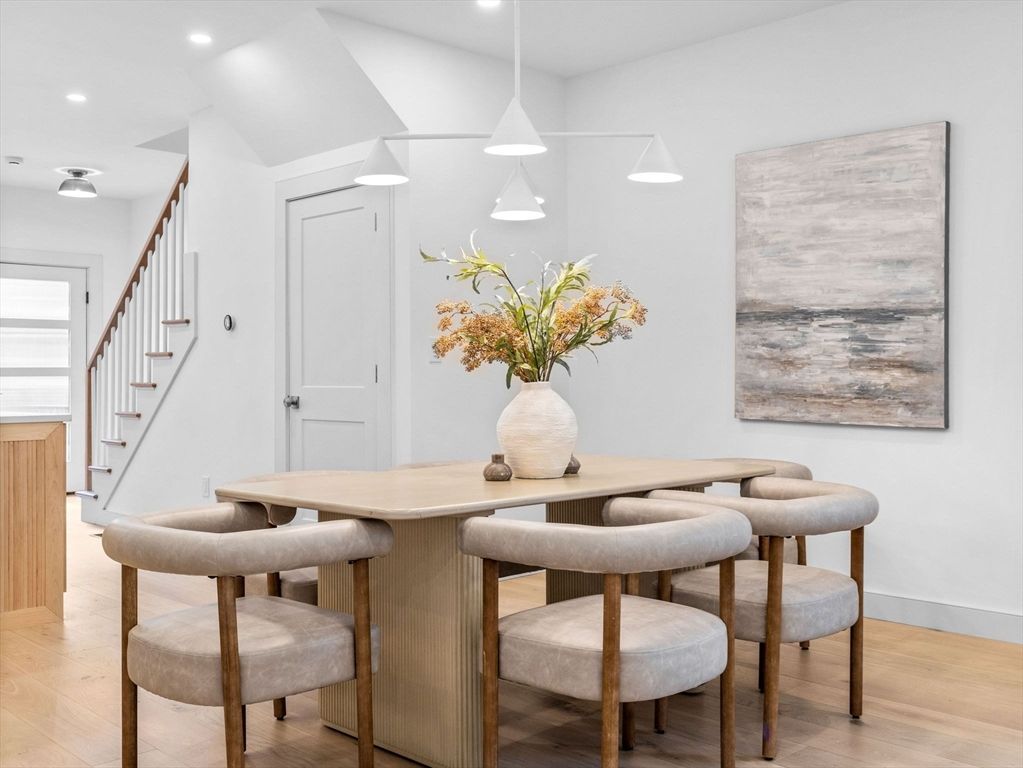 Dining room, Interior, Pendant Lights, Recessed Lighting, Wood Texture Flooring