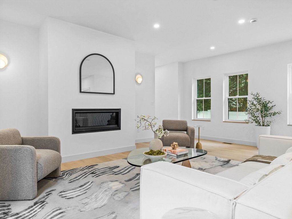 Fireplace, Interior, Living room, Recessed Lighting, Wood Texture Flooring