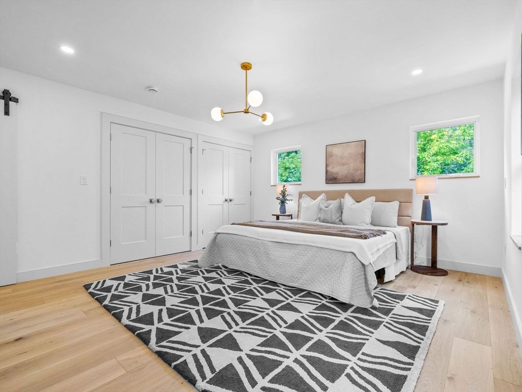 Bedroom, Interior, Pendant Lights, Recessed Lighting, Wood Texture Flooring
