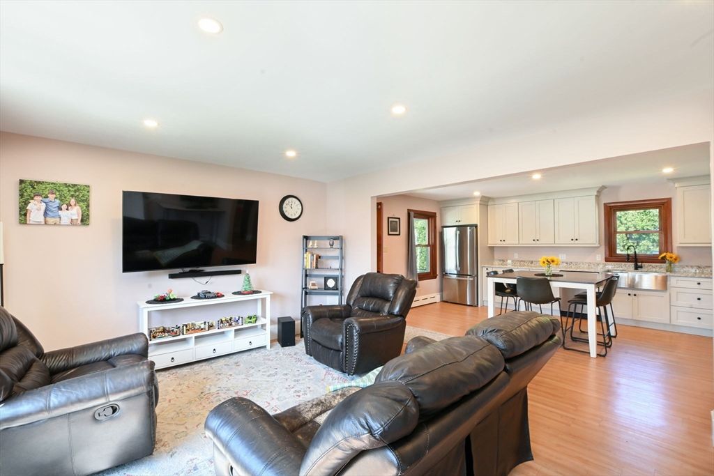 Interior, Kitchen, Living room, Recessed Lighting, Stainless Steel Appliances, Wood Texture Flooring