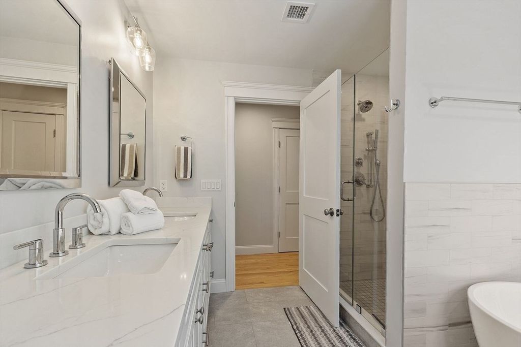 Bathroom, Dual Sink Vanities, Glass Shower, Interior, Wood Texture Flooring