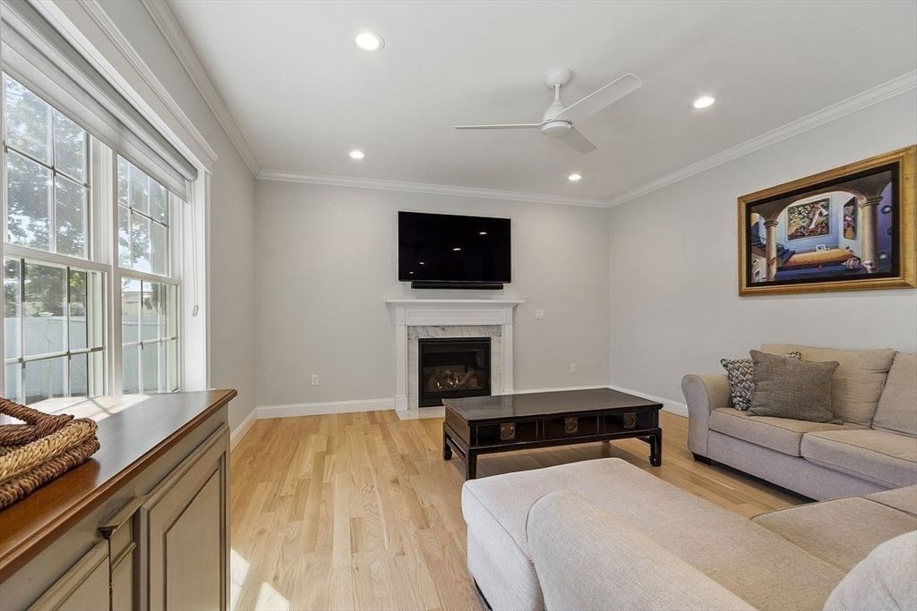 Fireplace, Interior, Living room, Recessed Lighting, Wood Texture Flooring