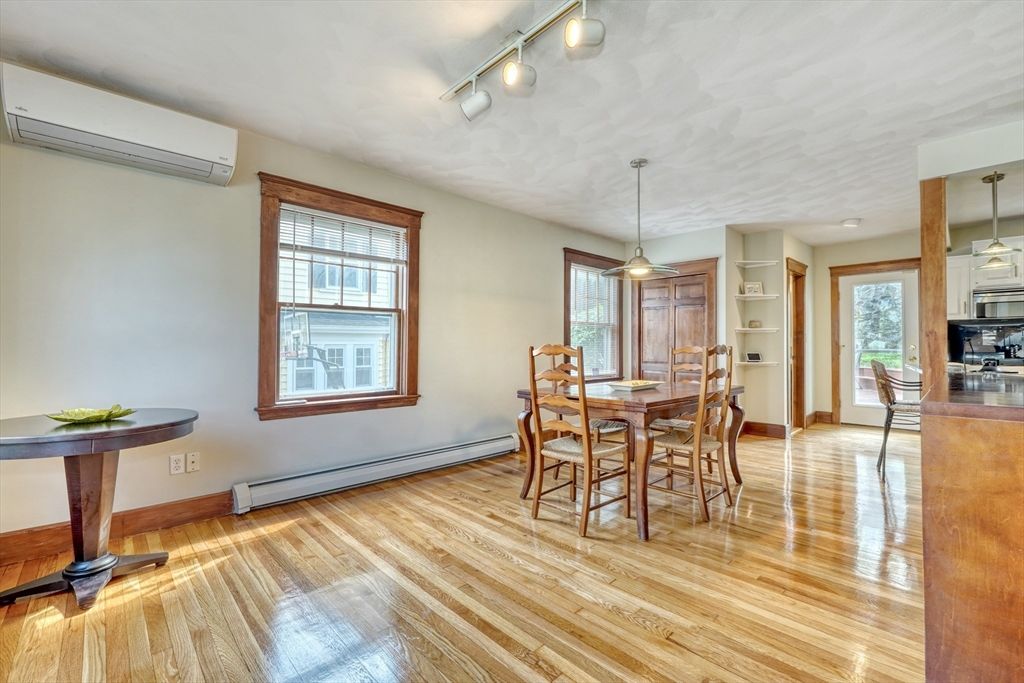 Dining room, Interior, Pendant Lights, Wood Texture Flooring