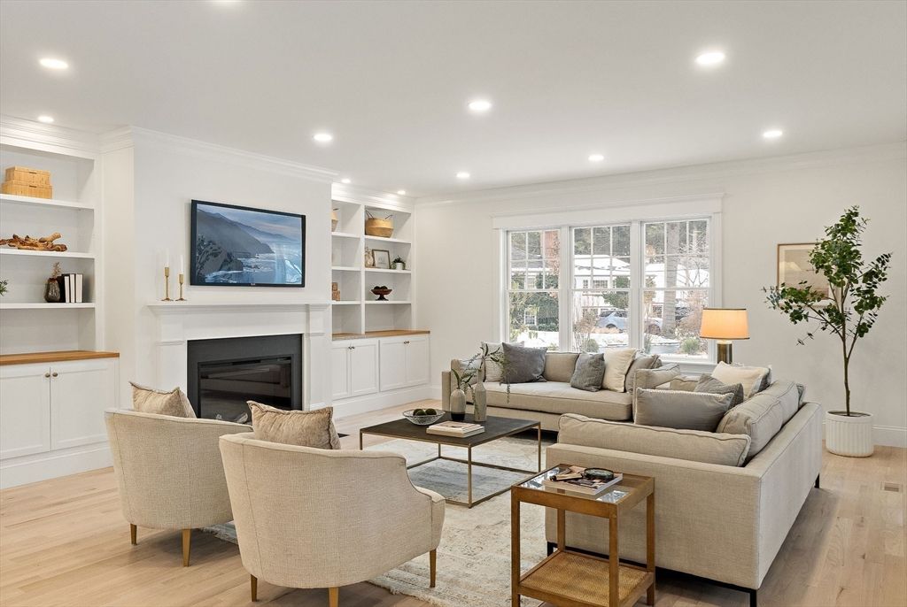 Fireplace, Interior, Living room, Recessed Lighting, Wood Texture Flooring