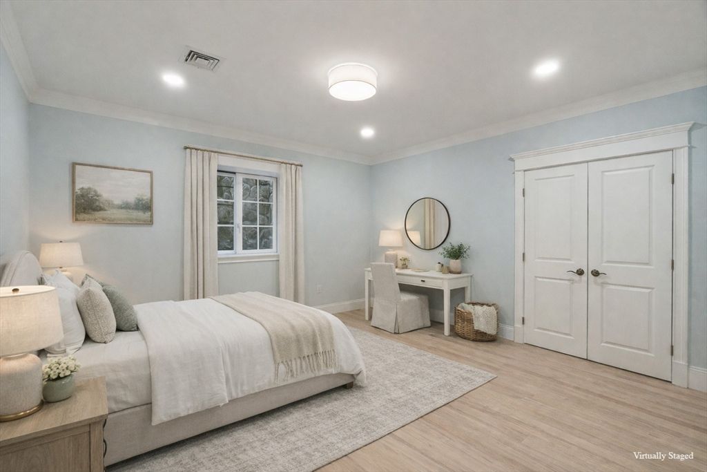 Bedroom, Interior, Recessed Lighting, Wood Texture Flooring