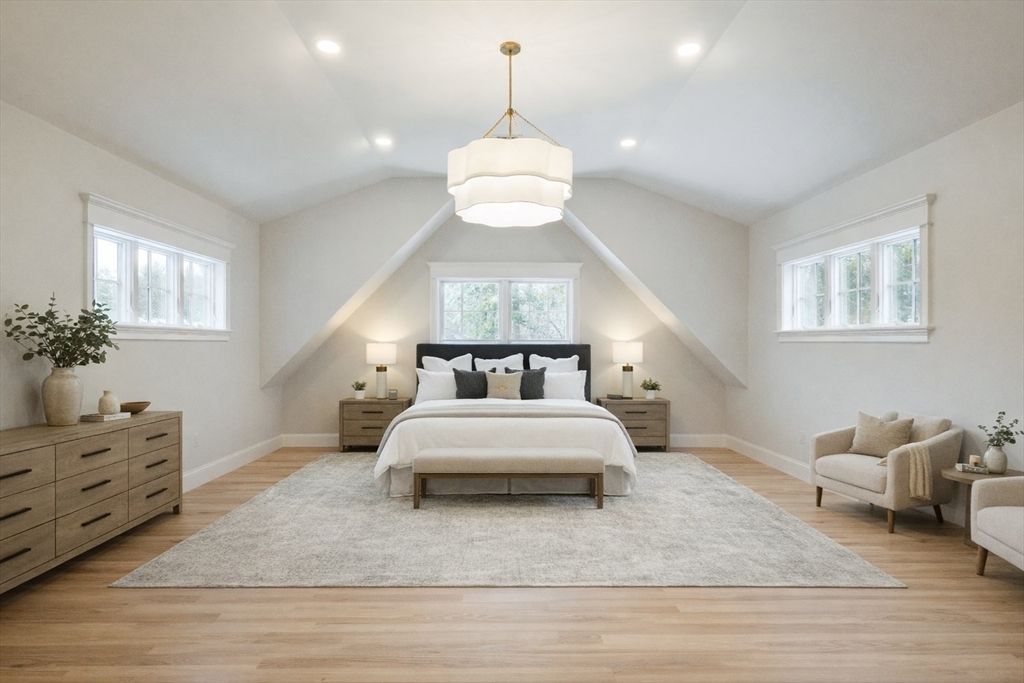 Bedroom, Interior, Pendant Lights, Recessed Lighting, Wood Texture Flooring