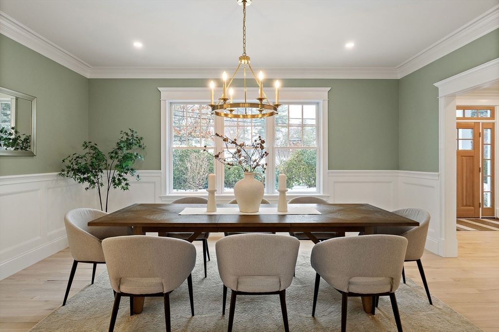 Dining room, Interior, Pendant Lights, Recessed Lighting, Wood Texture Flooring