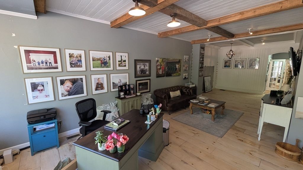 Home Office, Interior, Living room, Recessed Lighting, Wooden Beams, Wood Texture Flooring