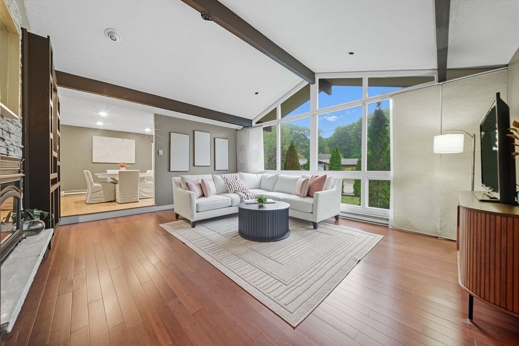 Dining room, Fireplace, Interior, Living room, Recessed Lighting, Wood Texture Flooring