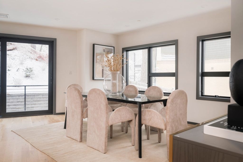 Dining room, Interior, Recessed Lighting, Wood Texture Flooring