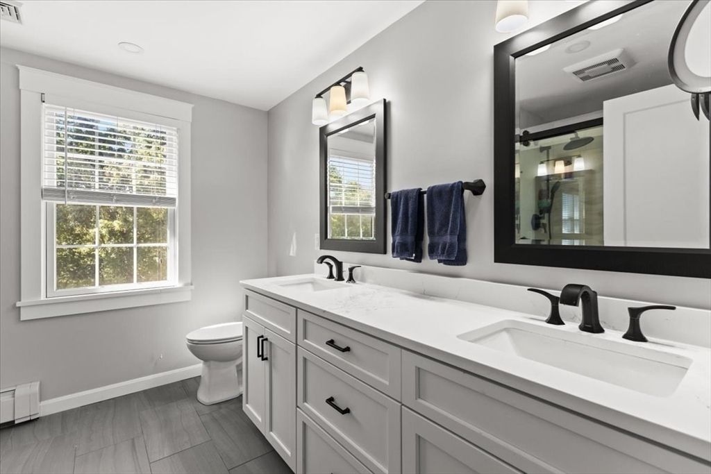 Bathroom, Dual Sink Vanities, Interior, Recessed Lighting, Wood Texture Flooring