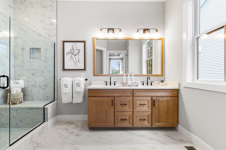 Bathroom, Dual Sink Vanities, Glass Shower, Interior, Marble, Marble Walls
