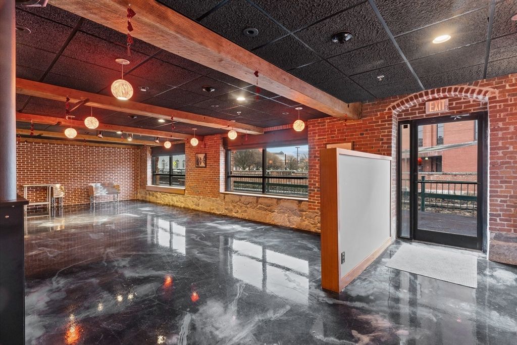 Empty room, Interior, Pendant Lights, Recessed Lighting, Stone Walls, Wooden Beams