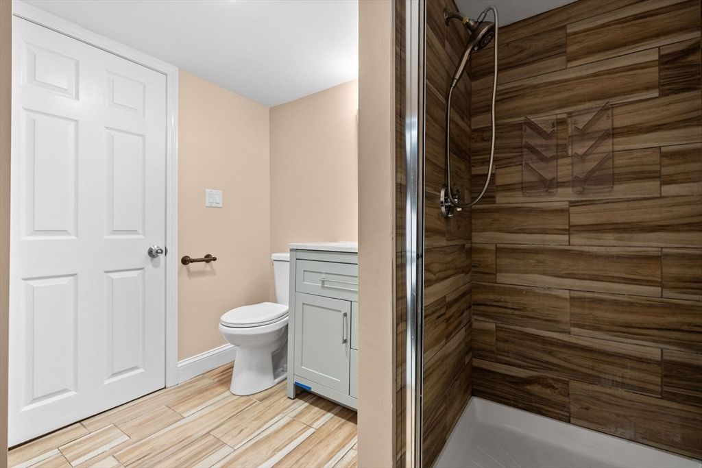 Bathroom, Glass Shower, Interior, Wood Texture Flooring