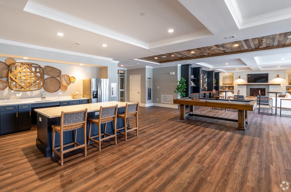 Billiard Table, Game Room, Interior, Kitchen, Recessed Lighting, Wood Texture Flooring