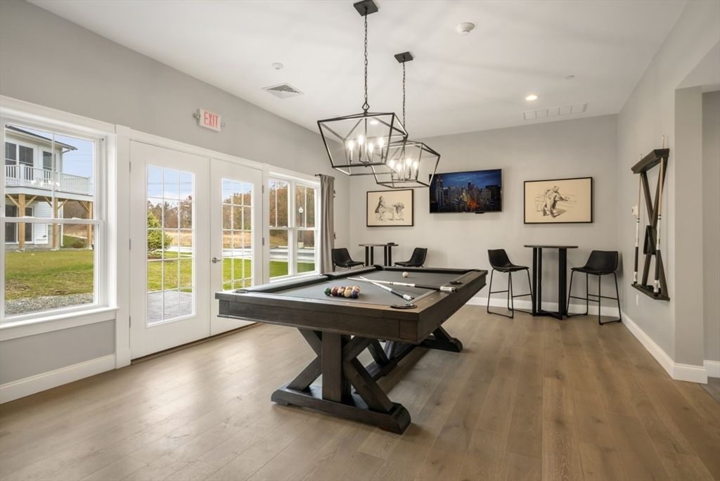 Billiard Table, Game Room, Interior, Pendant Lights, Recessed Lighting, Wood Texture Flooring