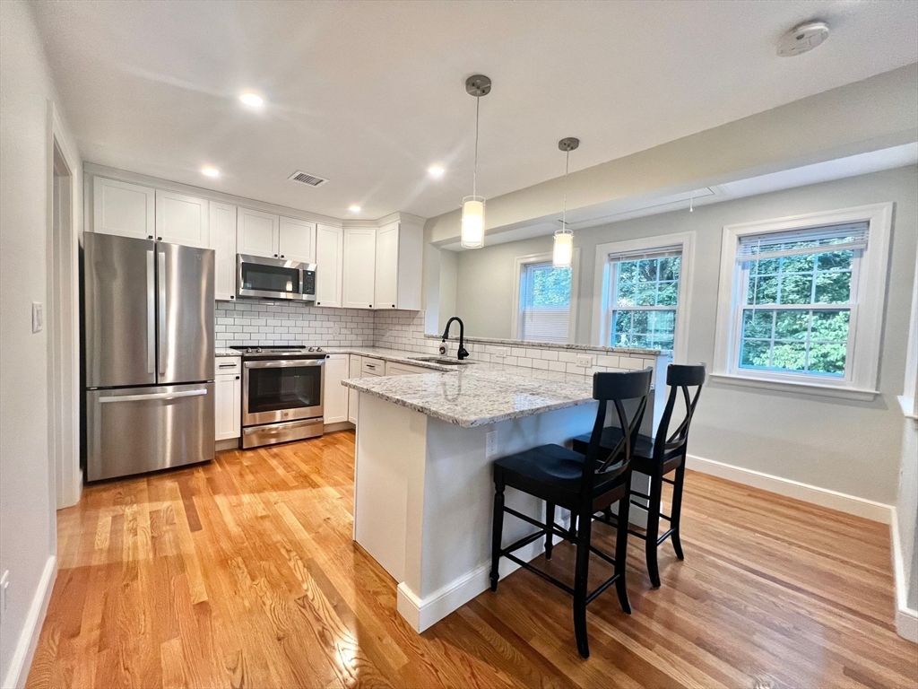 Interior, Kitchen, Pendant Lights, Recessed Lighting, Stainless Steel Appliances, Wood Texture Flooring