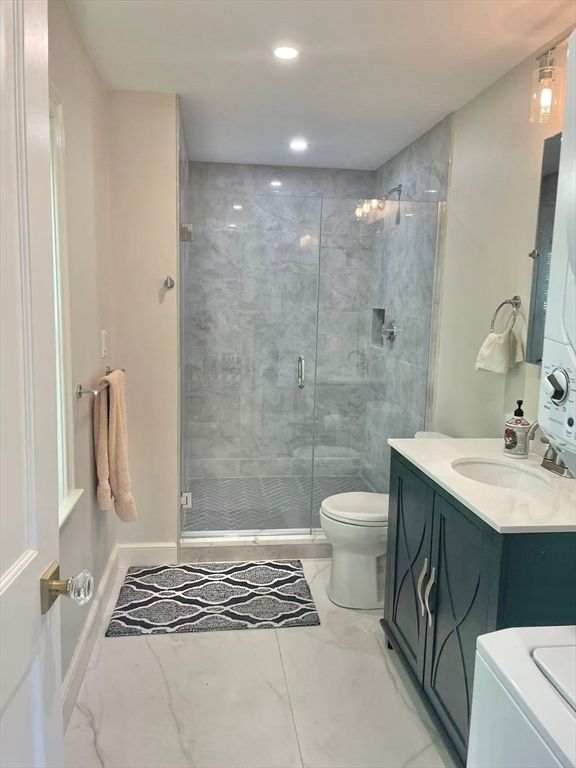 Bathroom, Glass Shower, Interior, Marble, Marble Walls, Recessed Lighting
