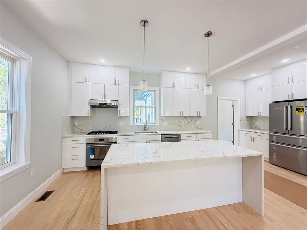 Interior, Kitchen, Pendant Lights, Recessed Lighting, Stainless Steel Appliances, Wood Texture Flooring