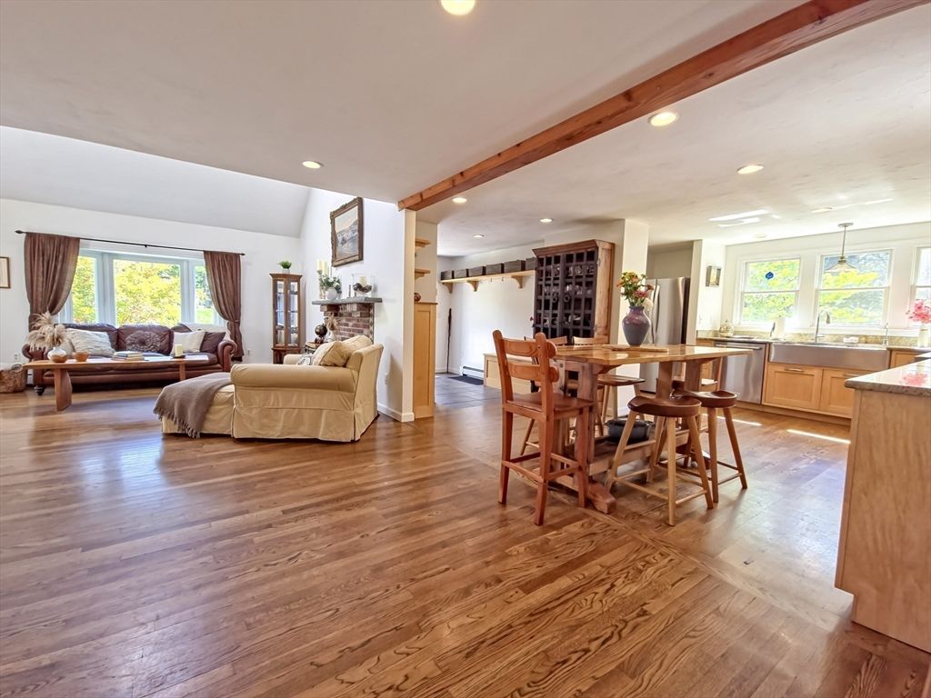 Dining room, Interior, Kitchen, Living room, Recessed Lighting, Wooden Beams, Wood Texture Flooring
