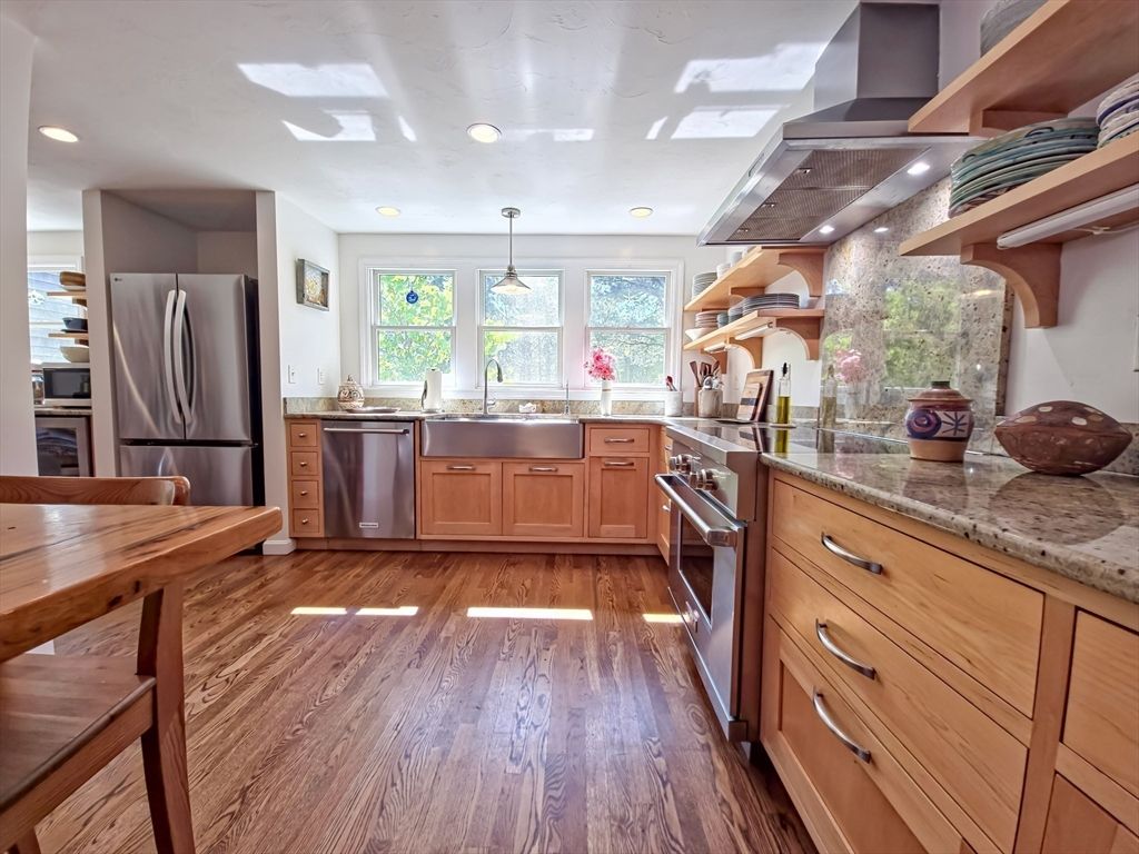 Interior, Kitchen, Pendant Lights, Recessed Lighting, Stainless Steel Appliances, Wood Texture Flooring