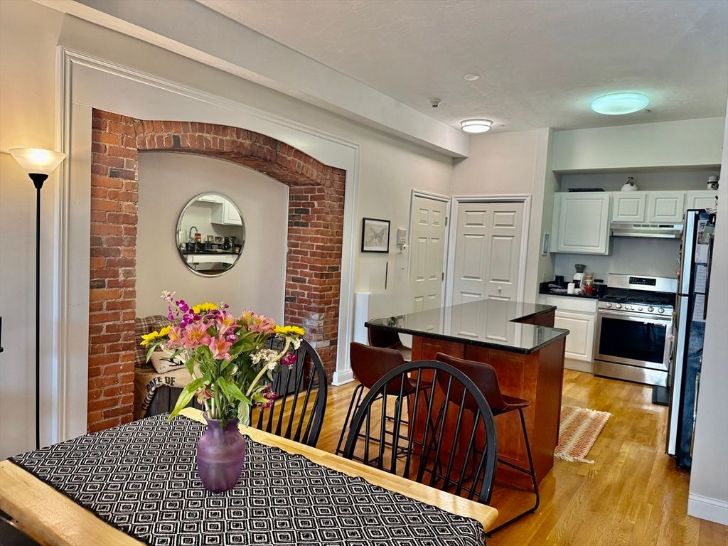 Dining room, Interior, Kitchen, Stainless Steel Appliances, Stone Walls, Wood Texture Flooring