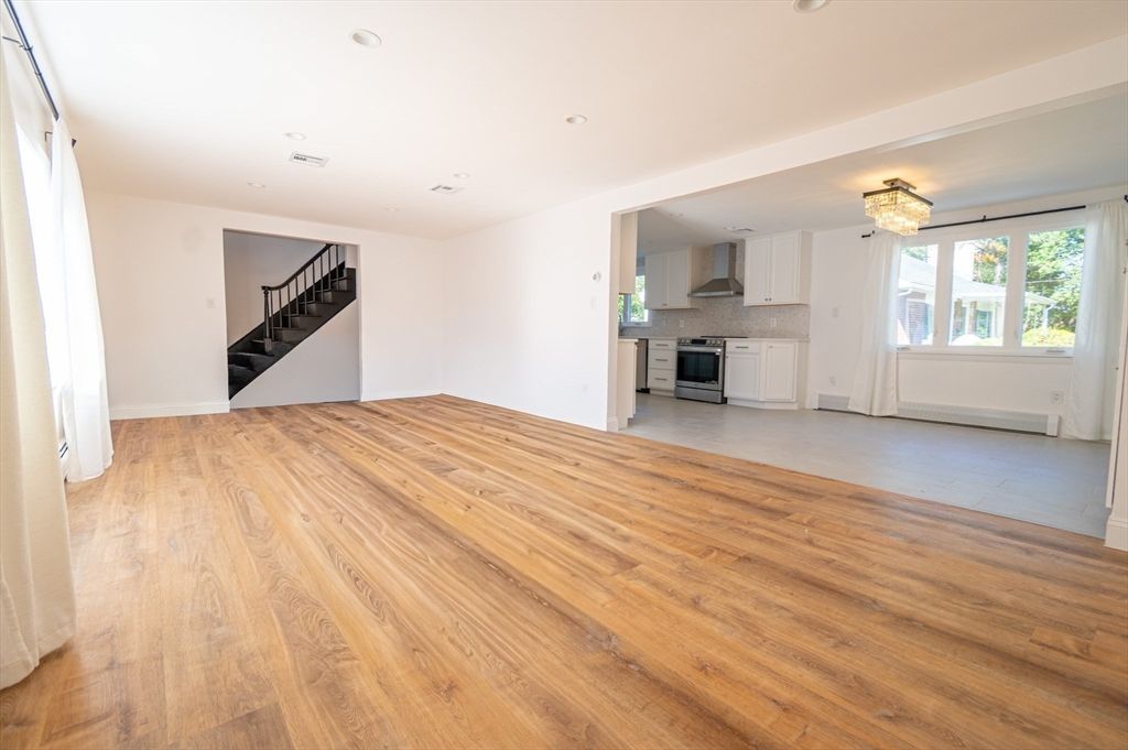 Chandelier, Empty room, Interior, Kitchen, Recessed Lighting, Wood Texture Flooring