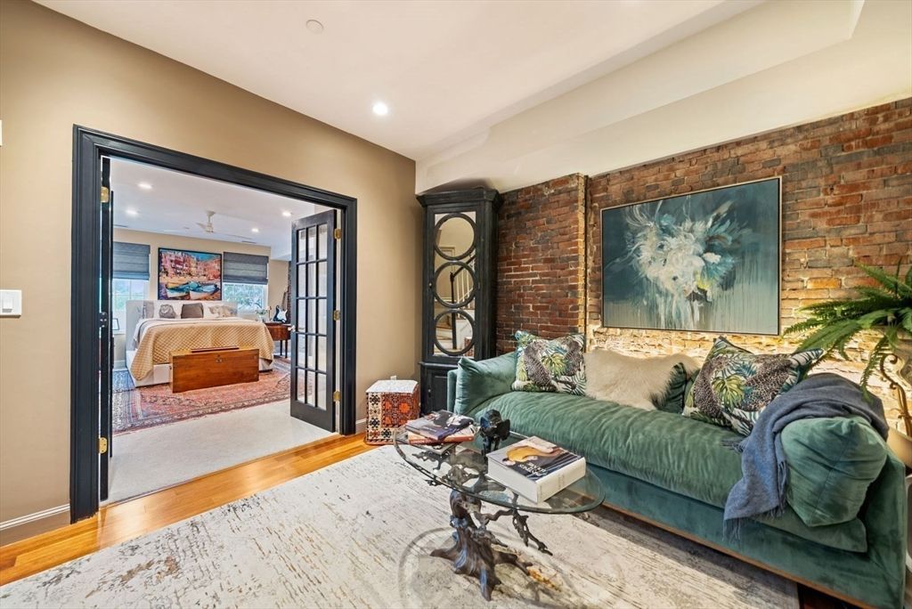 Bedroom, Interior, Living room, Recessed Lighting, Stone Walls, Wood Texture Flooring