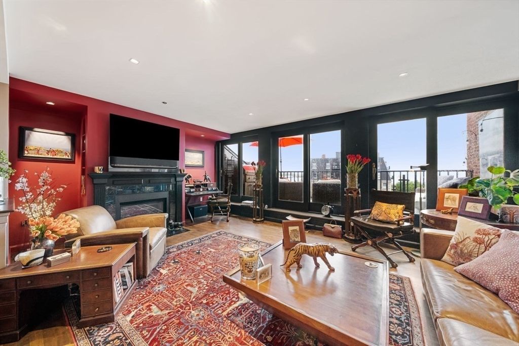 Fireplace, Interior, Living room, Recessed Lighting, Wood Texture Flooring