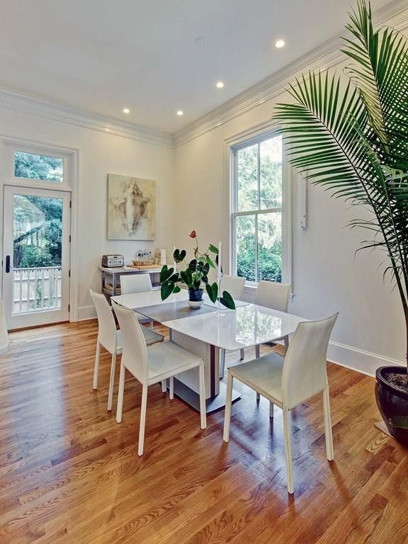 Dining room, Interior, Recessed Lighting, Wood Texture Flooring