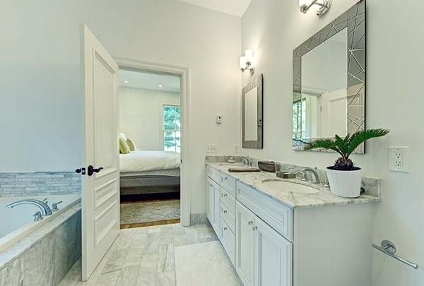 Bathroom, Bedroom, Dual Sink Vanities, Interior, Marble, Recessed Lighting, Wood Texture Flooring
