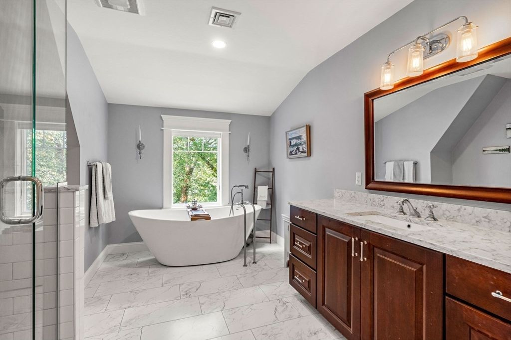 Bathroom, Dual Sink Vanities, Free Standing Baths, Glass Shower, Interior, Marble, Recessed Lighting