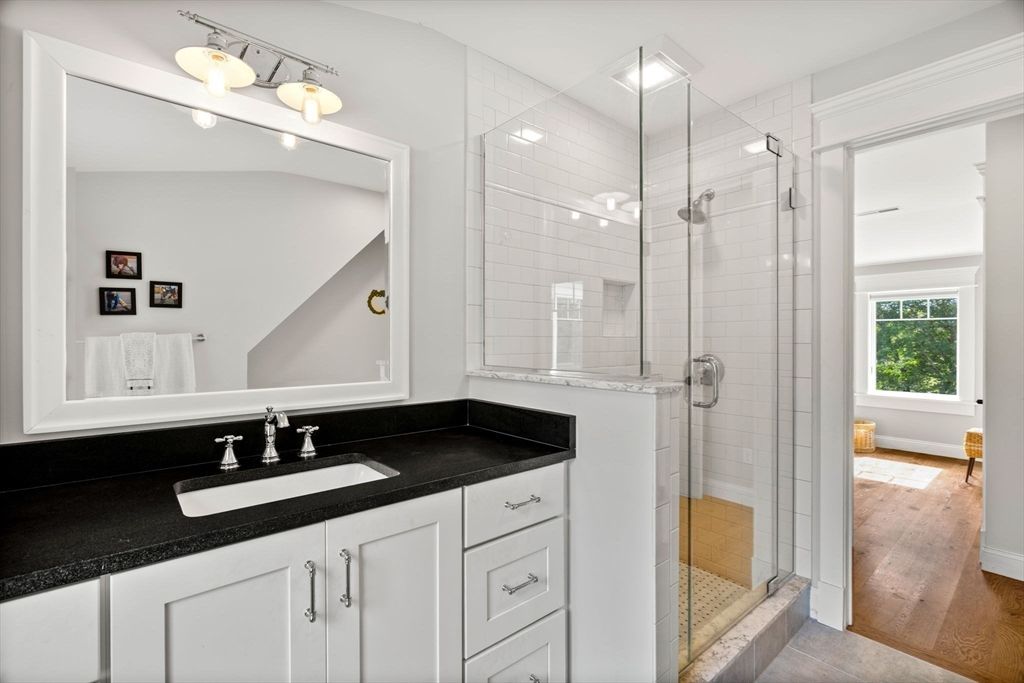 Bathroom, Glass Shower, Interior, Wood Texture Flooring