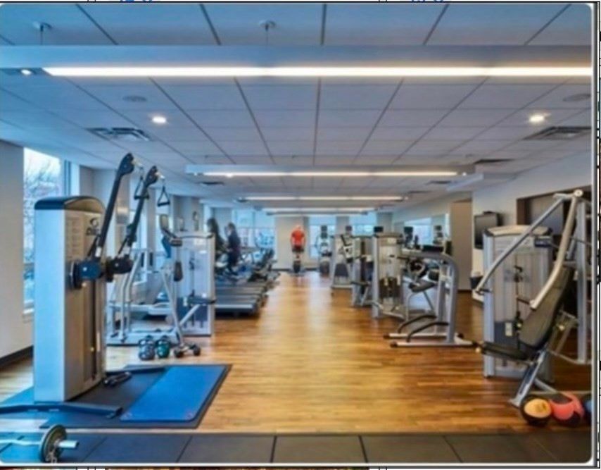 Fitness Equipment, Gym, Interior, Recessed Lighting, Wood Texture Flooring