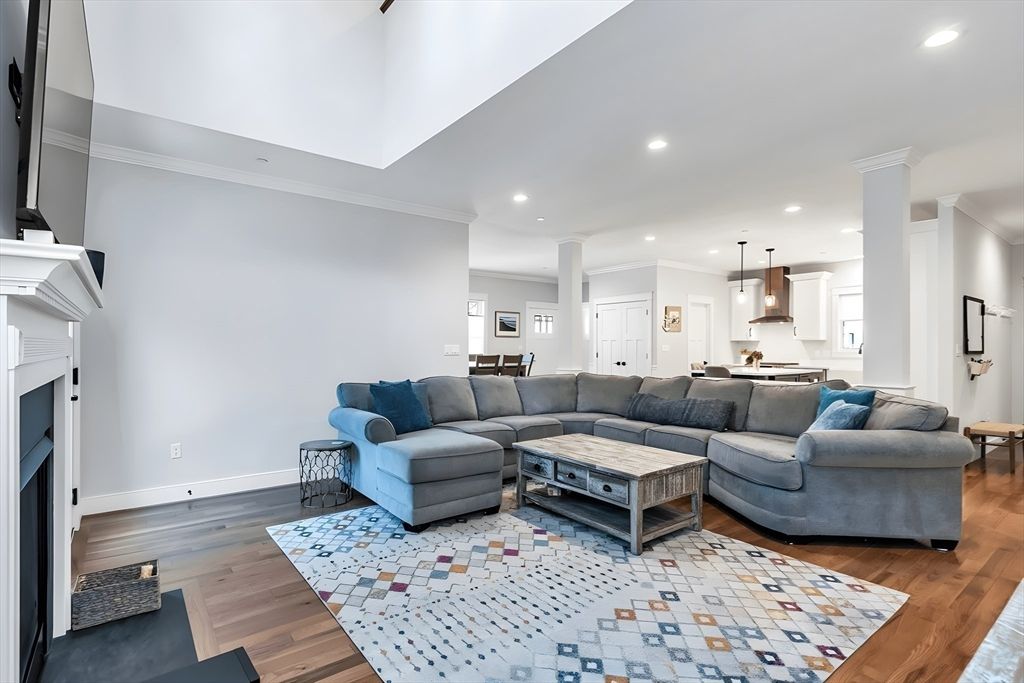 Fireplace, Interior, Kitchen, Living room, Pendant Lights, Recessed Lighting, Wood Texture Flooring