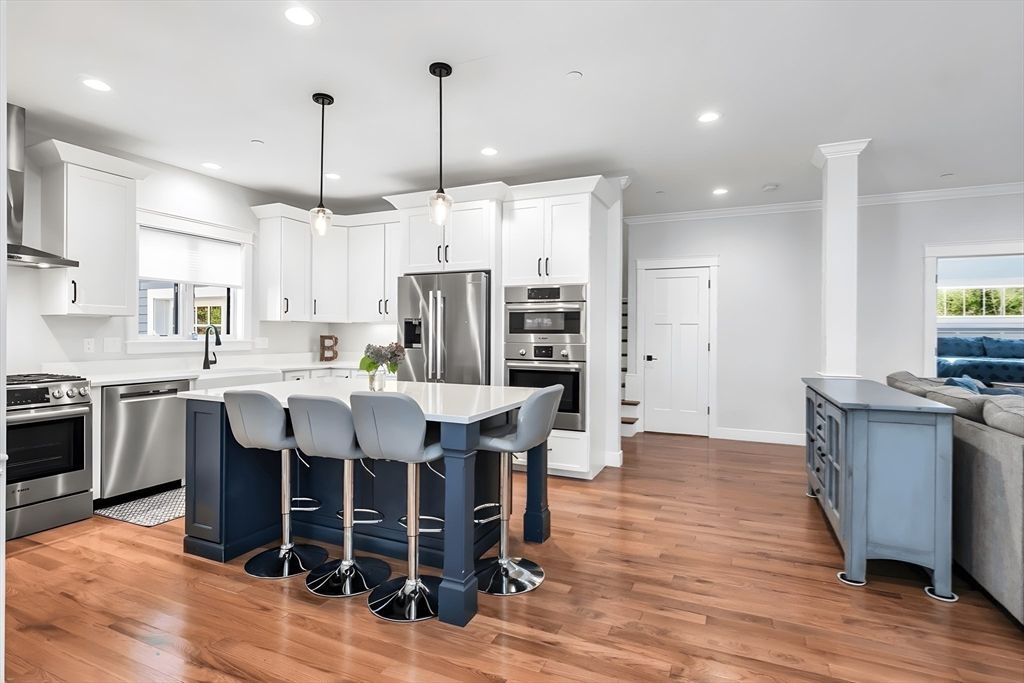 Interior, Kitchen, Pendant Lights, Recessed Lighting, Stainless Steel Appliances, Wood Texture Flooring